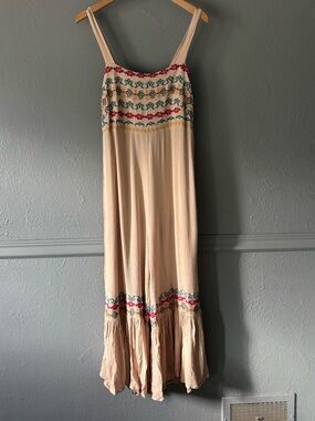 Easel Embroidered Wide Leg Romper Jumpsuit Boho Pink Beige M